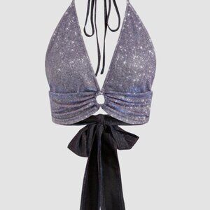 CIDER Sparkly Black Halter Top